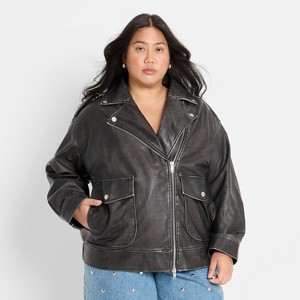 Women's Relaxed Leather Moto Jacket - Future Collective Black - 1 of 3
