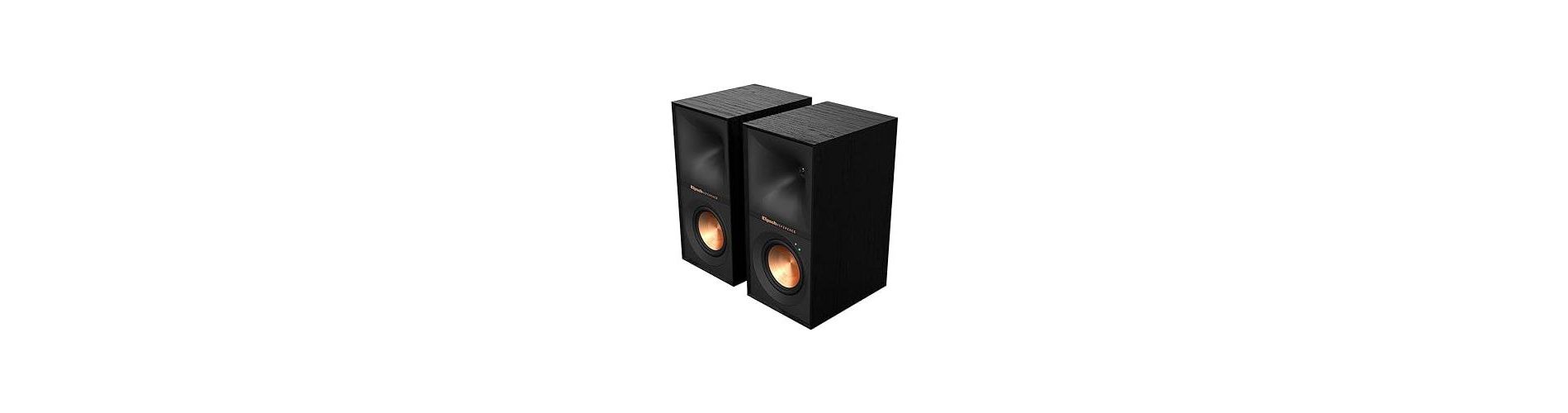 Klipsch Reference R-40PM Powered Bookshelf Speakers - 90-Degree x 90-Degree Tractrix Horn - Linear Travel Suspension - Sleek, Modern Appearance