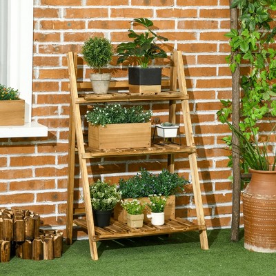 Natural Fir Wood 3-Tier Foldable Ladder Plant Stand