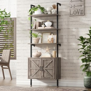 6 Tier Wall Mount Ladder Bookcase with Cabinet, Tall Open Farmhouse Ladder Shelf - 1 of 4