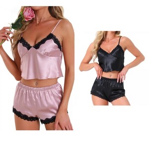 INSPIRE CHIC Women's 4 Pcs Loungewear Satin Lace Sleeveless Spaghetti-Strap Removable Pad Cami & Shorts Pajama Set - 1 of 4