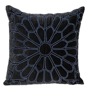 HomeRoots 22" Black and Blue Floral Cotton Throw Pillow with Embroidery and Applique - 1 of 4