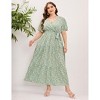 Garvee Women Plus Size V Neck Wrap Maxi Dress High Waist Ruffle Summer Casual Dress with Belt Short Sleeve - 2 of 4