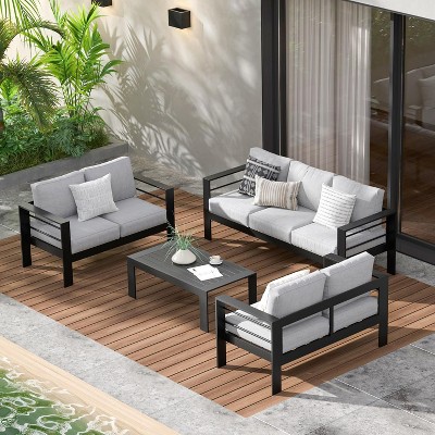 Aluminum Outdoor Patio Furniture Set, Modern Patio Conversation Sets, with 5 Inch Cushion and Coffee Table for Balcony, Garden,, Dark Grey