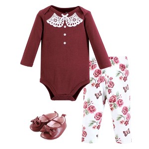 Hudson Baby Infant Girl Cotton Bodysuit, Pant and Shoe Set, Sweet Roses - 1 of 4