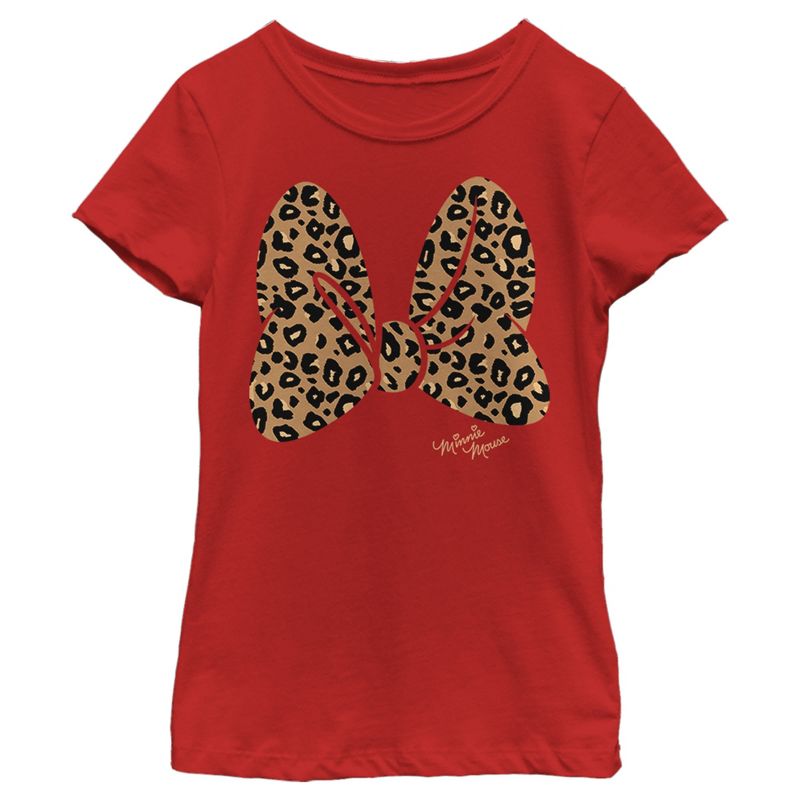 Girl's Disney Minnie Mouse Cheetah Print Bow Signature T-Shirt, 1 of 5