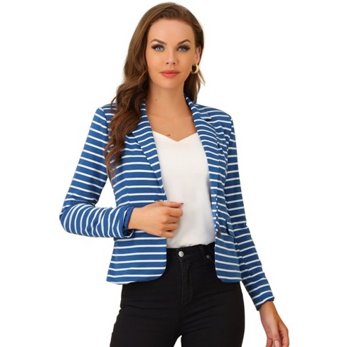 Allegra K Women's Notched Collar Long Sleeve Button Front Striped Blazers  Blue White X-Small