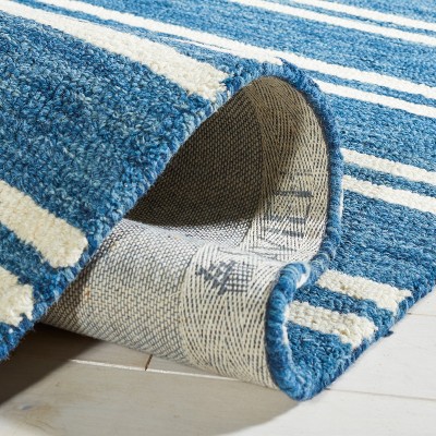 Blue and White Striped Hand-Tufted Wool 4' x 6' Rug