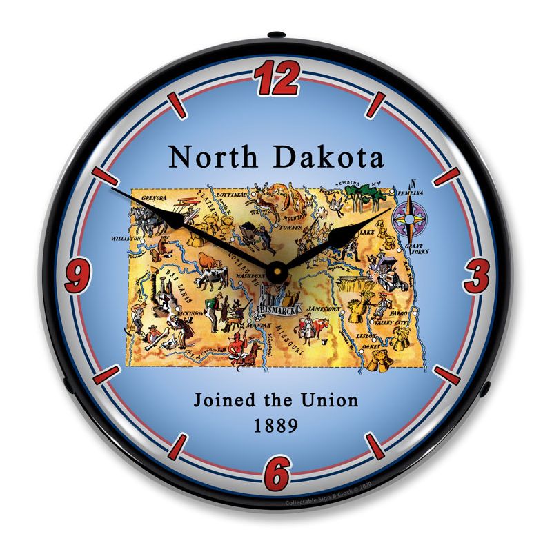 Collectable Sign & Clock | State of North Dakota LED Wall Clock Retro/Vintage, Lighted, 1 of 4