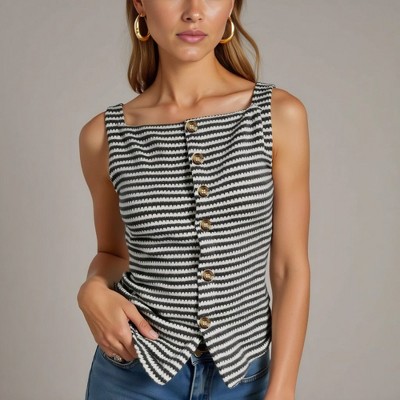 Knit & Lounge Women’s Sleeveless Striped Knit Tank Top Asymmetrical Button Front Fitted Rib Texture Casual Pullover