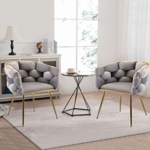 Small Accent Arm Chair Set Of 2 Tufted Velvet Makeup Vanity Chair With Back,Upholstered Woven Barrel Chair With Gold Metal Legs Soft Padded-Cuddlewood - 1 of 4