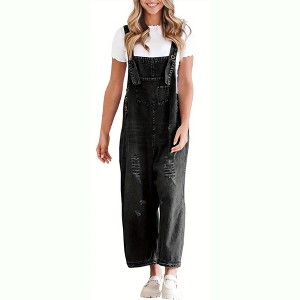 Imily Bela Women's Distressed Denim Overalls Loose Fit Casual Adjustable Strap Bib Jeans Jumpsuit with Pocket - 1 of 4
