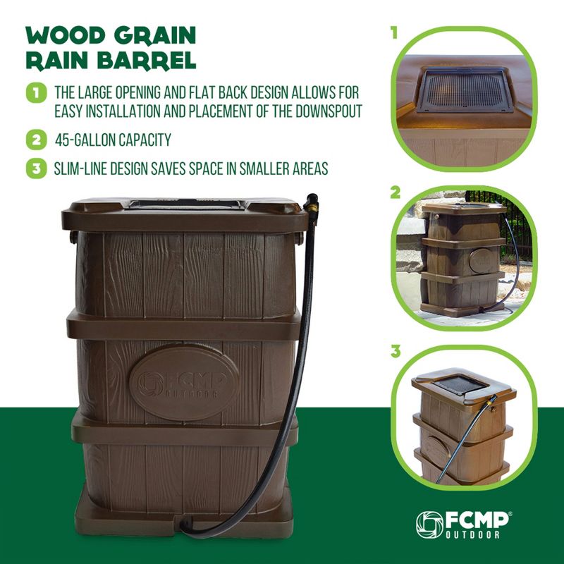 FCMP Outdoor WG4000 45 Gallon Wood Grain Outdoor Home Rain Water Catcher Barrel Flat Back Container with Spigots and Mesh Screen, Brown, 6 of 8