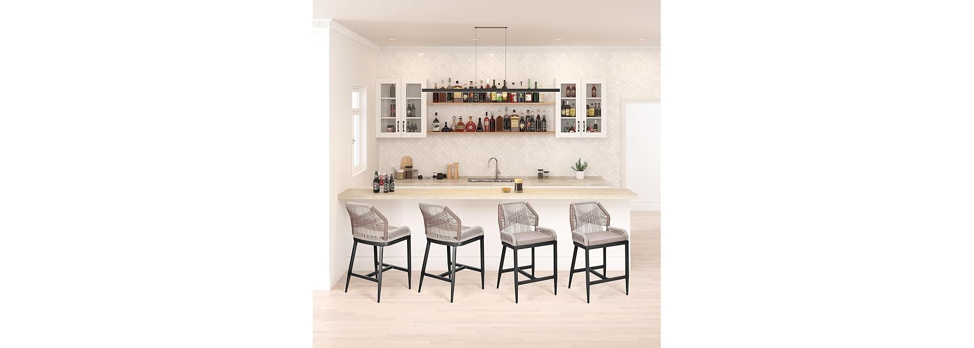 COZONY Set of 4 Counter Height Bar Stools, 24.8" Rattan Dining Chairs with Backrest & Arm, Modern Patio Bistro Stools for Home Kitchen Bar