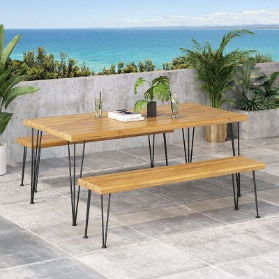 Christopher Knight Home Zion Outdoor Modern Industrial Acacia Wood 3 Piece Picnic Set with Hairpin Legs, Teak and Rustic Metal
