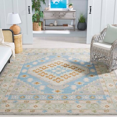 Hand-Tufted Ivory and Blue Wool Square Area Rug, 6'x6'