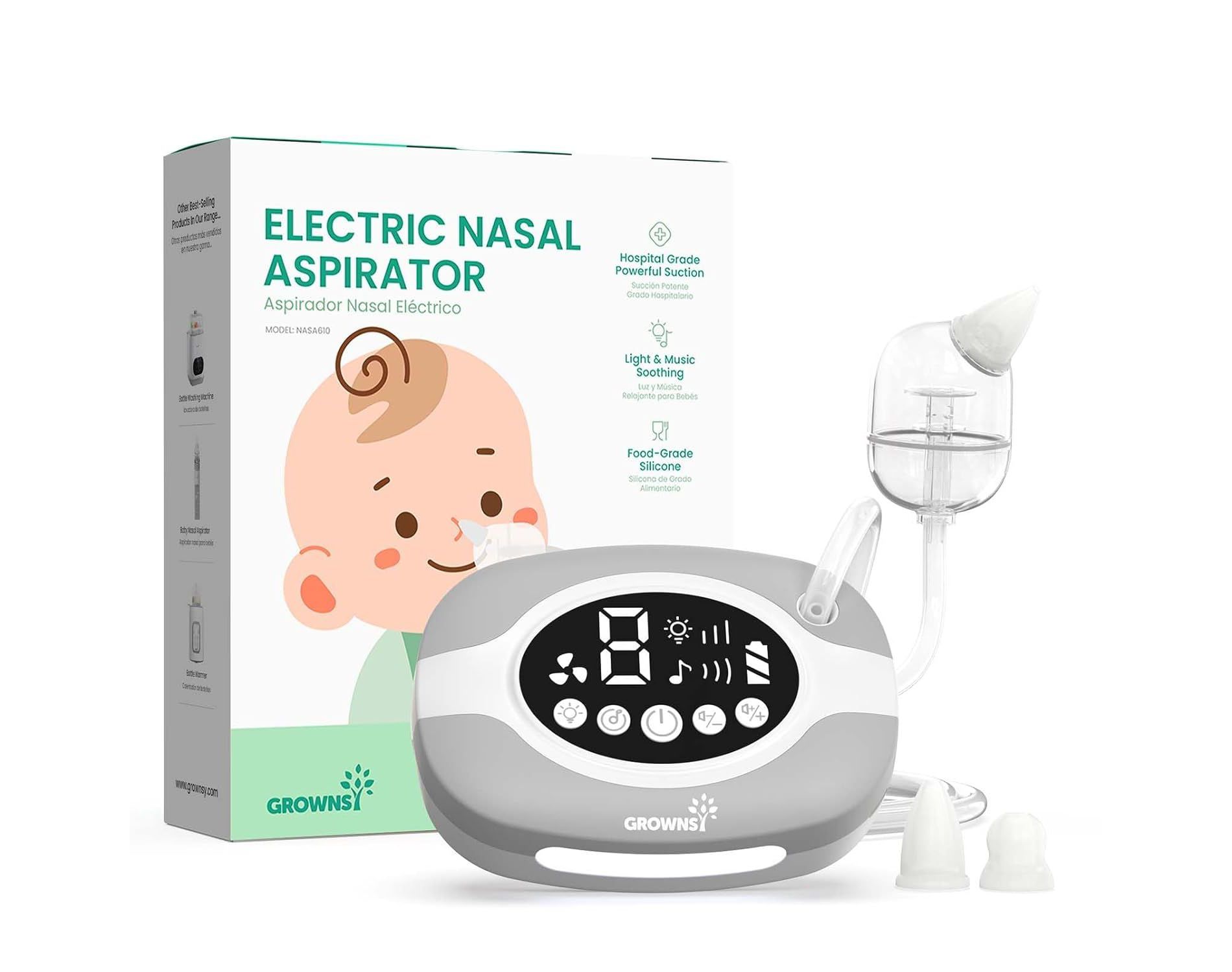 GROWNSY Electric Nose Suction for Baby, Hospital-Grade Nasal Aspirator with Night Light,Soothing Lullabies, 9 Suction Levels