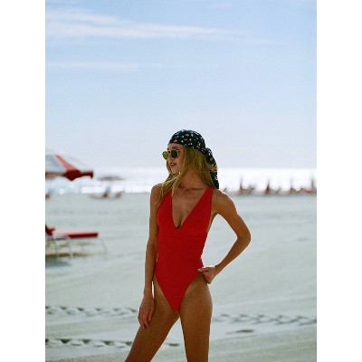 Solid & Striped Women's Ribbed Deep Plunge One Piece Swimsuit - Red M — фото 7