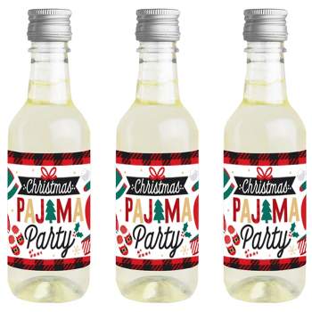 Big Dot of Happiness Christmas Pajamas - Mini Wine and Champagne Bottle Label Stickers - Holiday Plaid PJ Party Favor Gift - Set of 16
