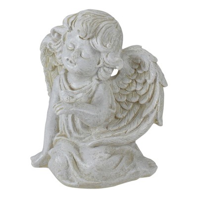 Distressed Ivory Sitting Cherub Angel with Bird Garden Statue