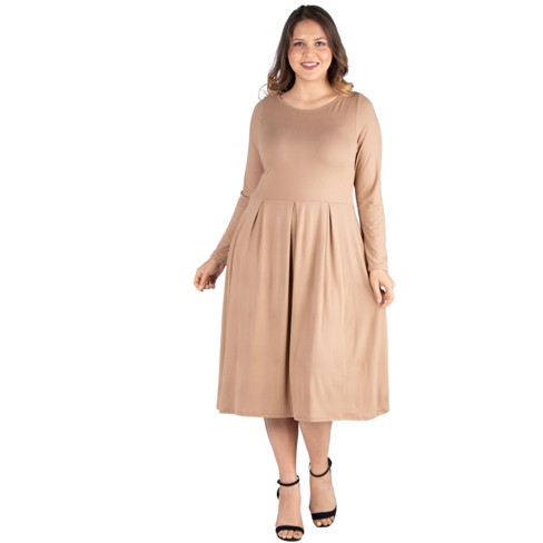 24seven Comfort Apparel Womens Plus Size Long Sleeve Fit and Flare Midi  Dress-WHEAT-3X