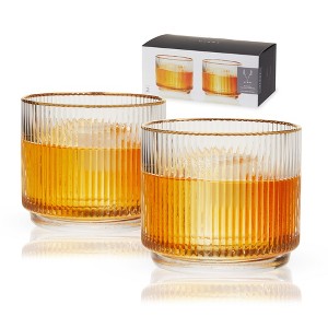 Viski Meridian Crystal Lowball Tumblers, Art Deco Whiskey Glasses, Crystal Scotch Glasses, Old Fashioned Glasses, Ribbed Glassware 12oz Set of 2 - 1 of 4