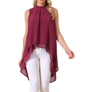 INSPIRE CHIC Women's Casual Tie Back Asymmetrical High Low Sleeveless Mock Neck Flowy Blouse - 1 of 4
