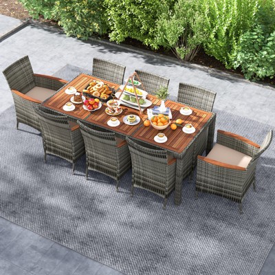 Mix Gray 9-Piece Outdoor Wicker Dining Set with Acacia Wood Table and Beige Cushions