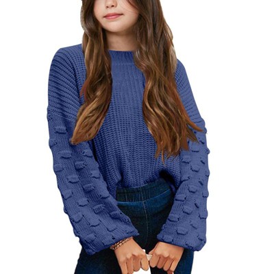 Girls Pullover Sweater Cable Knit Soft Comfy Sweater for Girls Crew Neck Sweater Puff Sleeve Ribbed Knit Cuff
