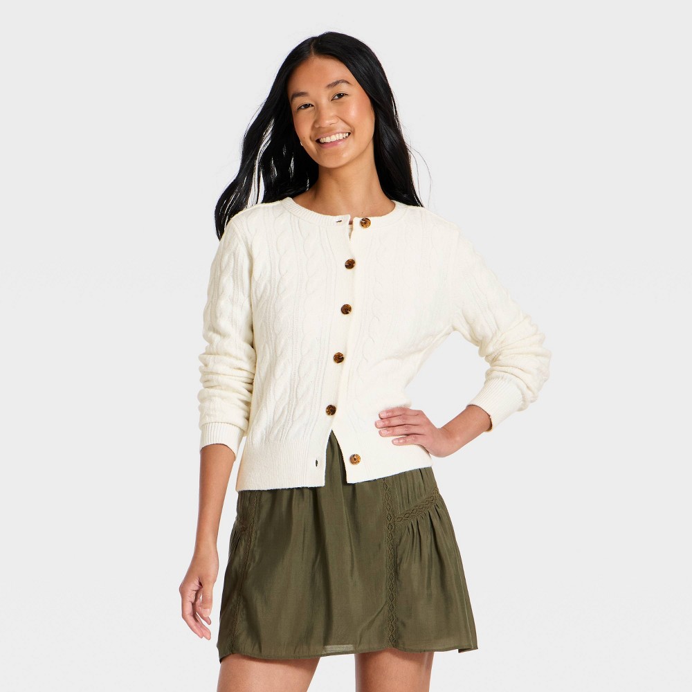 Women's Heritage Cable Crewneck Cardigan - Universal Thread™ Cream S