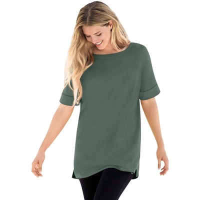 Woman Within Plus Size Perfect Cuffed Elbow-Sleeve Boat-Neck Tee