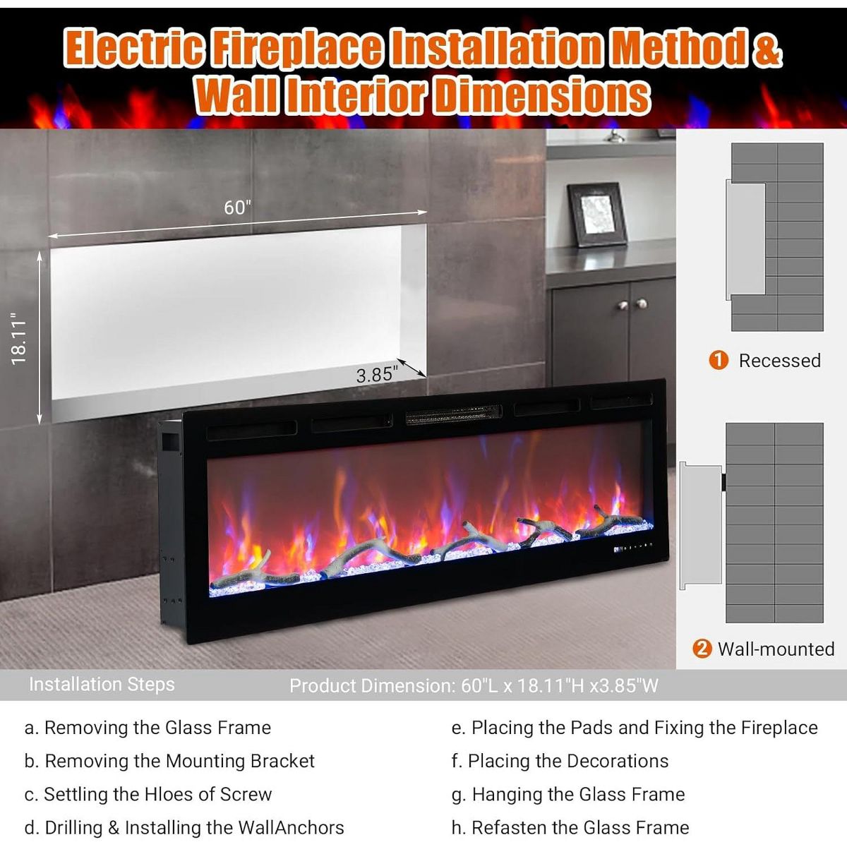 Garvee 60" Wall Mounted Electric Fireplace, WiFi & Alexa Control, 12-Color Flames, 750/1500W Heater, Recessed or Surface Install - thumbnail 3