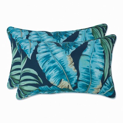 Set of 2 Outdoor/Indoor Rectangular Throw Pillows Tortola Midnight Blue - Pillow Perfect: Weather-Resistant, Botanical Lumbar Support