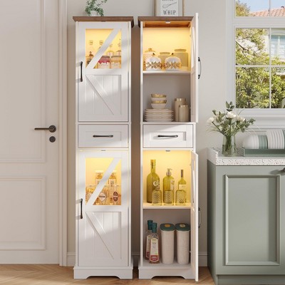 68" Tall Storage Cabinet with LED Lights, Narrow Hutch Cabinet, White