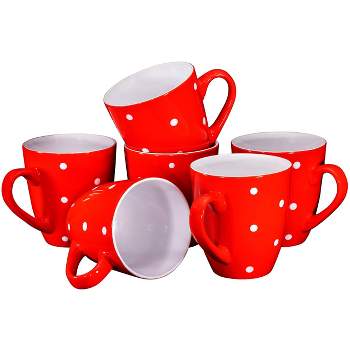 Bruntmor 16 Oz Coffee Mug Set, Large Ceramic Mugs for Christmas & Birthday Gifts, 6-Piece, Red Polka Dots