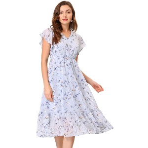 Allegra K Women's Floral Elastic Waist V Neck Ruffled Hem Chiffon Dress - 1 of 4