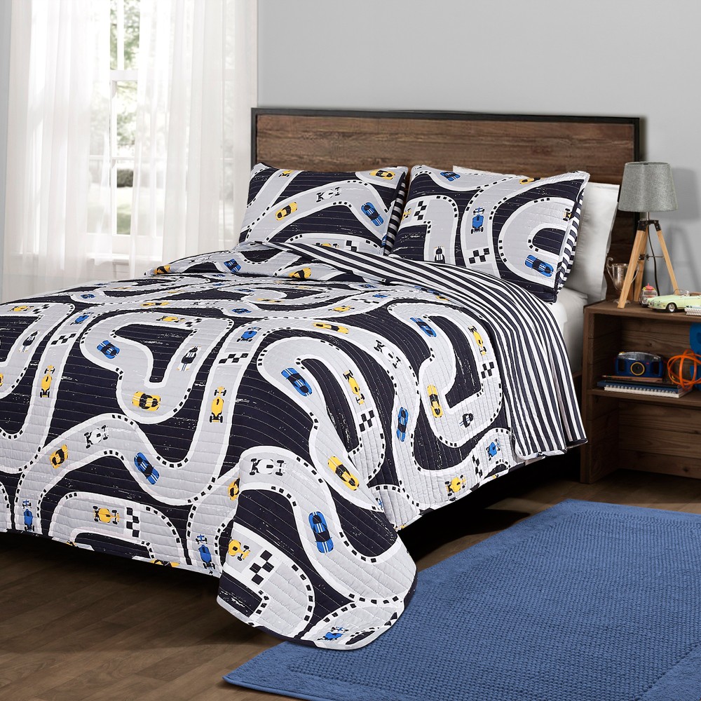 Photos - Duvet 2pc Twin Kids' Car Tracks Reversible Quilt set Navy - Lush Décor