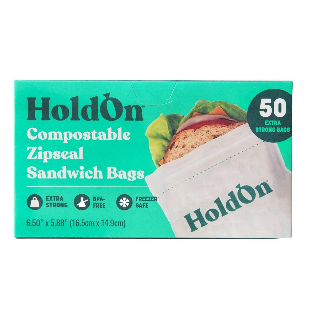 HoldOn Bags Compostable Zipseal Sandwich Storage Bags - 50ct