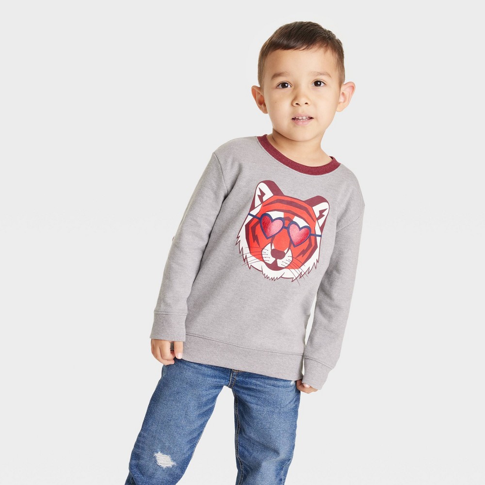 Toddler Boys' Valentine's Day Tiger French Terry Crewneck Shirt - Cat & Jack Gray 4T