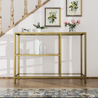 Neutypechic Modern Metal Narrow Console Table Rectangle Entryway Table with Storage, Iron Frame, Tempered Glass Top - 40" × 9"