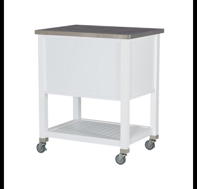 Farmhouse Charm White Stainless Steel Kitchen Cart with Butcher Block
