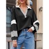 Imily Bela Womens Color Block  Oversized Polo Shirt V Neck Long Sleeve Casual Pullover Top - 4 of 4