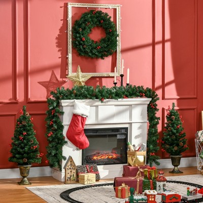 YOOCOZZ Christmas Decor 4 Set - Prelit Holiday Xmas, Garland Wreath & 2 Entrance Trees with Warm White LED Lights, Red Berries, Pine Cones, Green