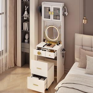 KTMBDW Vanity Desk with Mirror and LED Lights, Makeup Table with Charging Station and drawers and Storage Shelves for Small Space, Bedroom - 1 of 4