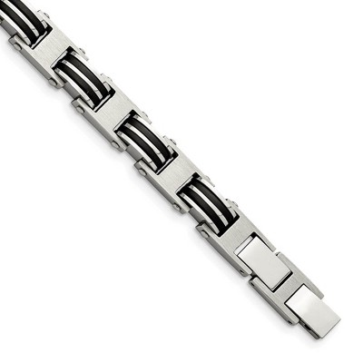 Black Bow Jewelry Men's 9mm Stainless Steel & Black Rubber Adj. Link Bracelet, 8.25 Inch