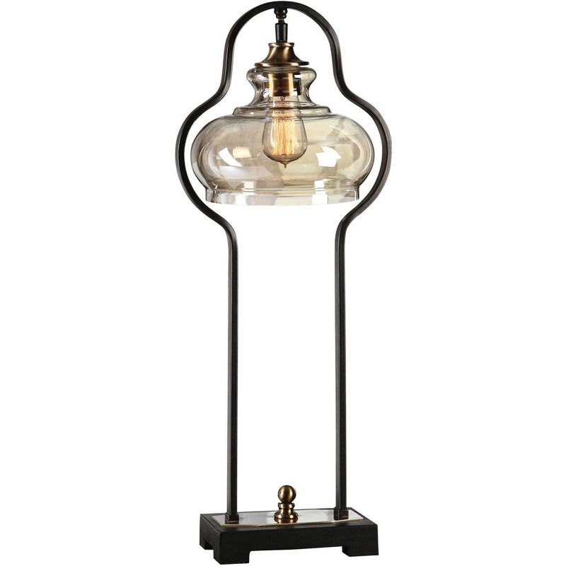 Uttermost Industrial Table Lamp 28 1/2" Tall Aged Black Iron Brass Light Amber Glass Shade for Living Room Bedroom House Bedside, 1 of 3
