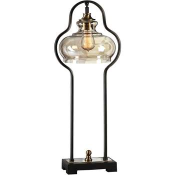 Uttermost Industrial Table Lamp 28 1/2" Tall Aged Black Iron Brass Light Amber Glass Shade for Living Room Bedroom House Bedside