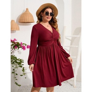 Coolmee Women's Plus Size Dress V Neck Long Sleeve Front Knotted Elastic Elegant Dress A Line Knee Length Midi Dress - 1 of 4