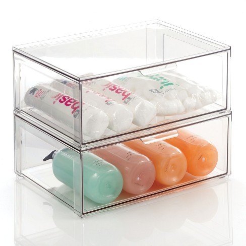 Mdesign Clarity Plastic Stackable Bathroom Storage Organizer With Drawer,  Clear - 12 X 16 X 6, 2 Pack : Target