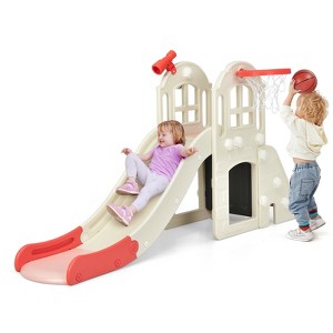 Safstar 6 in 1 Climber Slide Playset w/Basketball Hoop, Ring Toss, Indoor Outdoor Freestanding Kids Slide for Kids Age 3-8 - 1 of 4